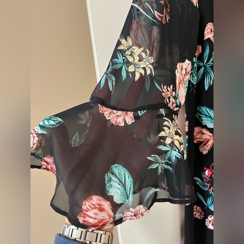 Roz & Ali Black Floral Tie-Front, Sheer Long Sleeve Dress Women’s Size Medium - Picture 10 of 15